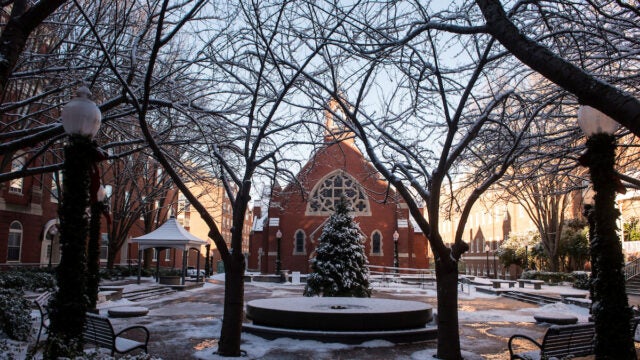 Trees with snow in front of Georgetown University's Dahlgren Chapel of the Sacred Heart.