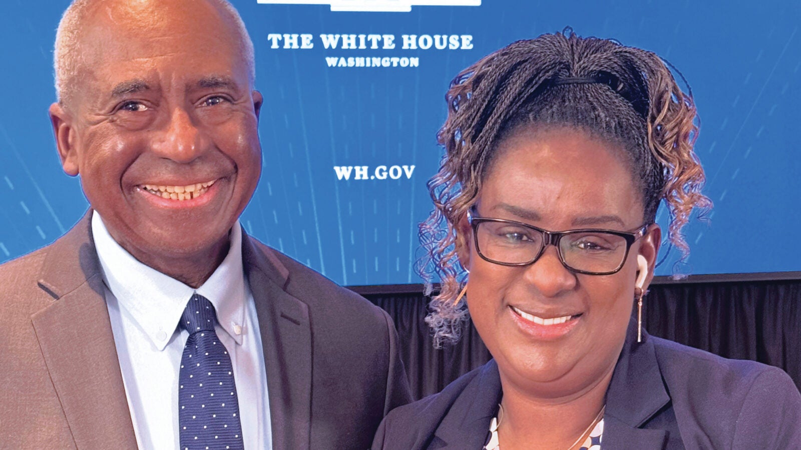 Martha Cameron (G’25, ’30) with Ronald Johnson, chair of The U.S. People Living With HIV Caucus, at an HIV Quality of Life Symposium at the White House.