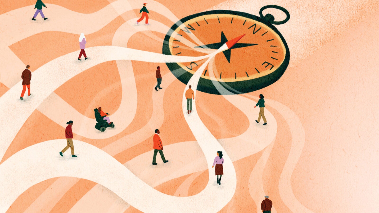 compass graphic with arrow and tiny people on it