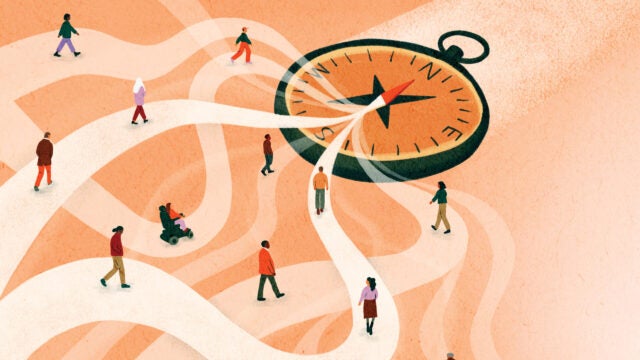 compass graphic with arrow and tiny people on it