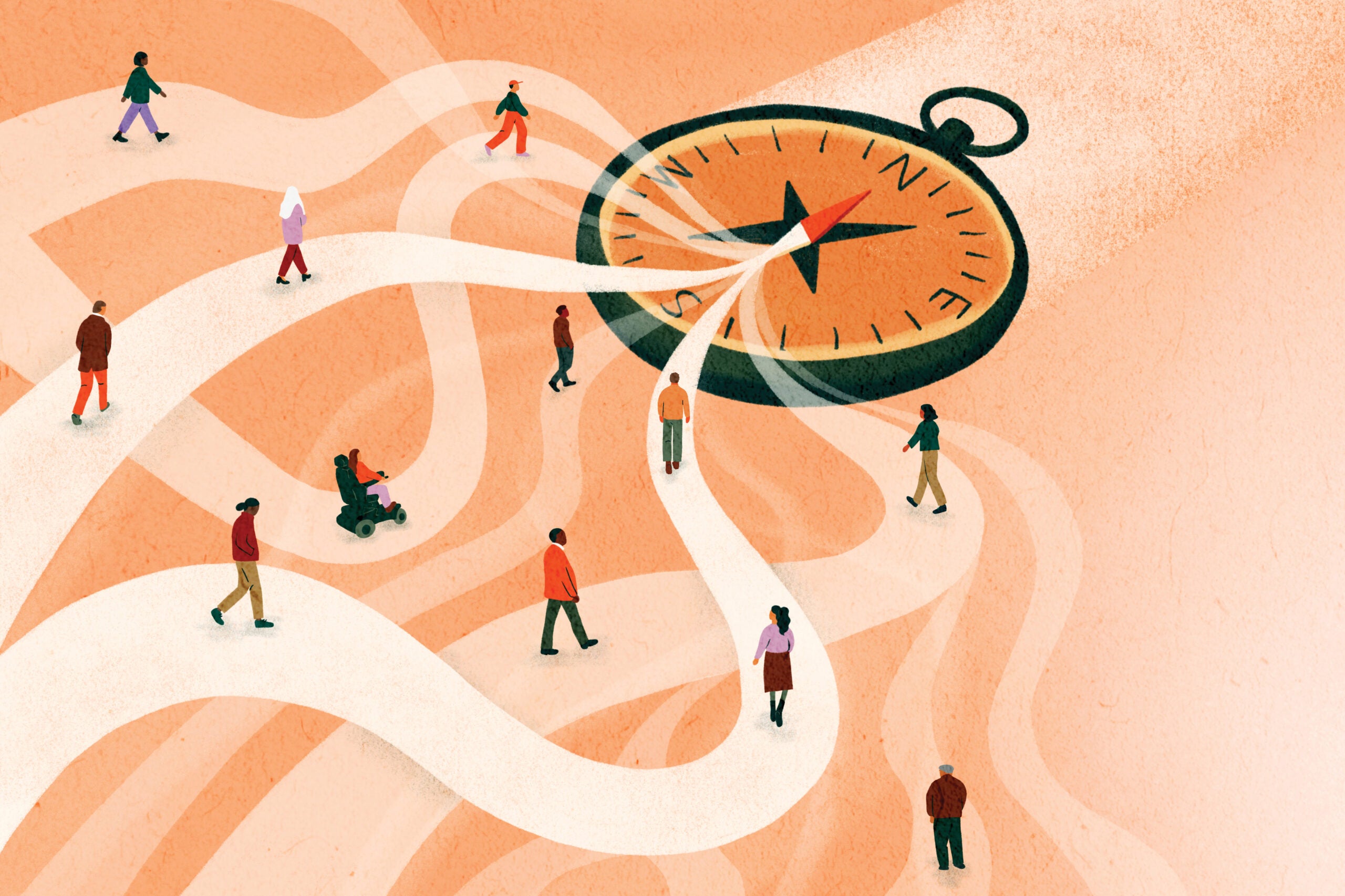 compass graphic with arrow and tiny people on it