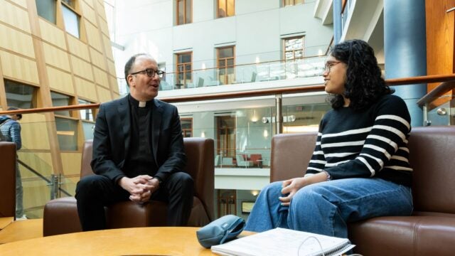 Mrudula Chodavarapu (B’26) enjoys how her professor, Quentin Dupont, S.J., engages students in discussions about business and ethics.