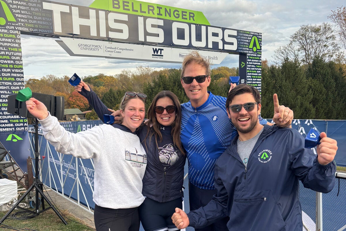 Tricia Wrotniak (B’89) rode her fourth BellRinger last fall along with her husband, Michael Wrotniak (B’89). Team Dynamite, which included their children Will (SFS’18) and Mary (C’26), raised over $24K.