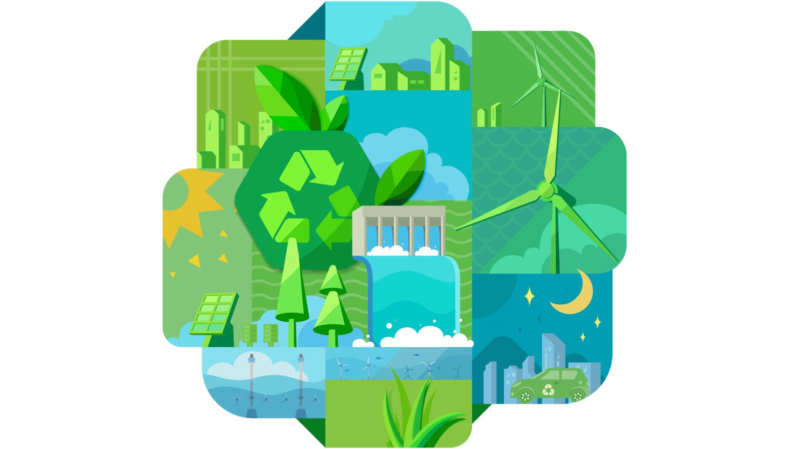 graphic of renewable energy uncluding a windmill and electric car