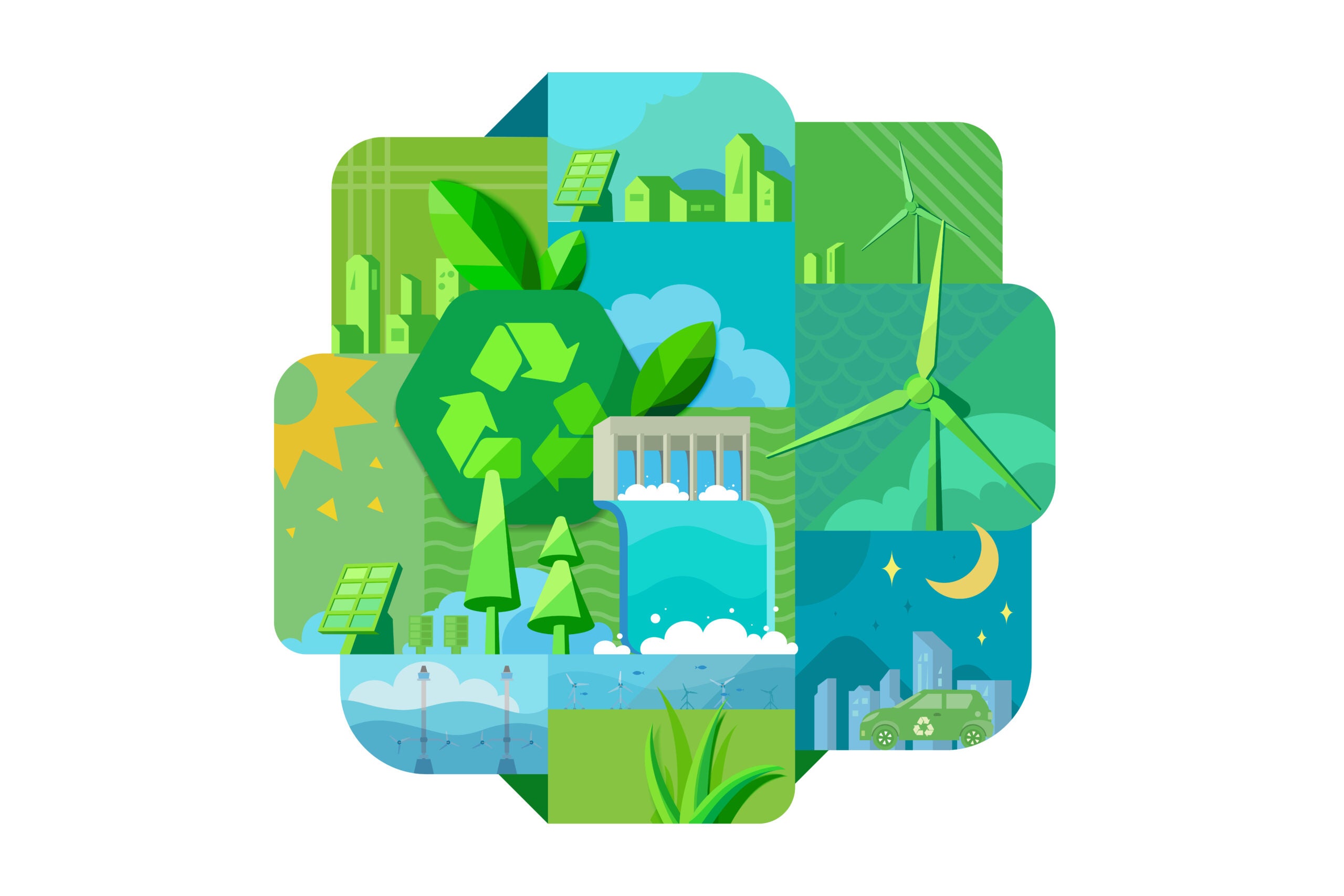 graphic of renewable energy uncluding a windmill and electric car