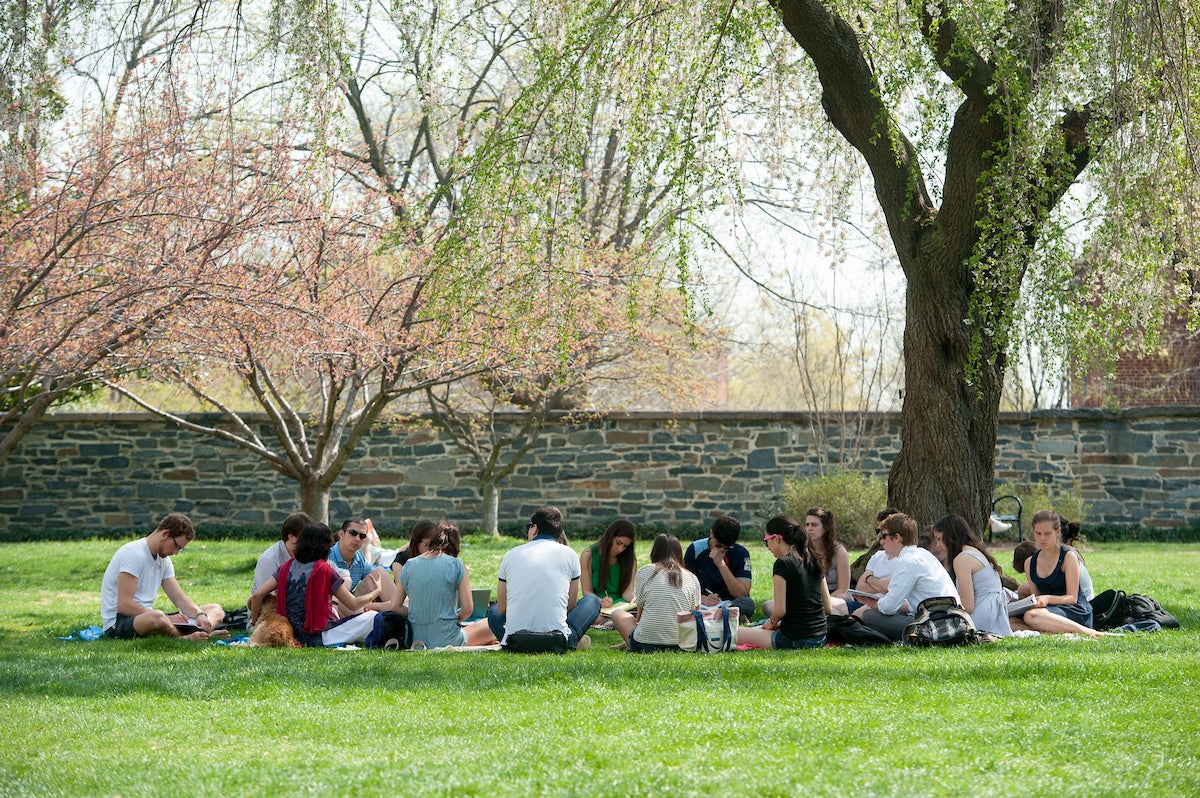 Georgetown students sitting in a circle on Healy lawn under a tree.