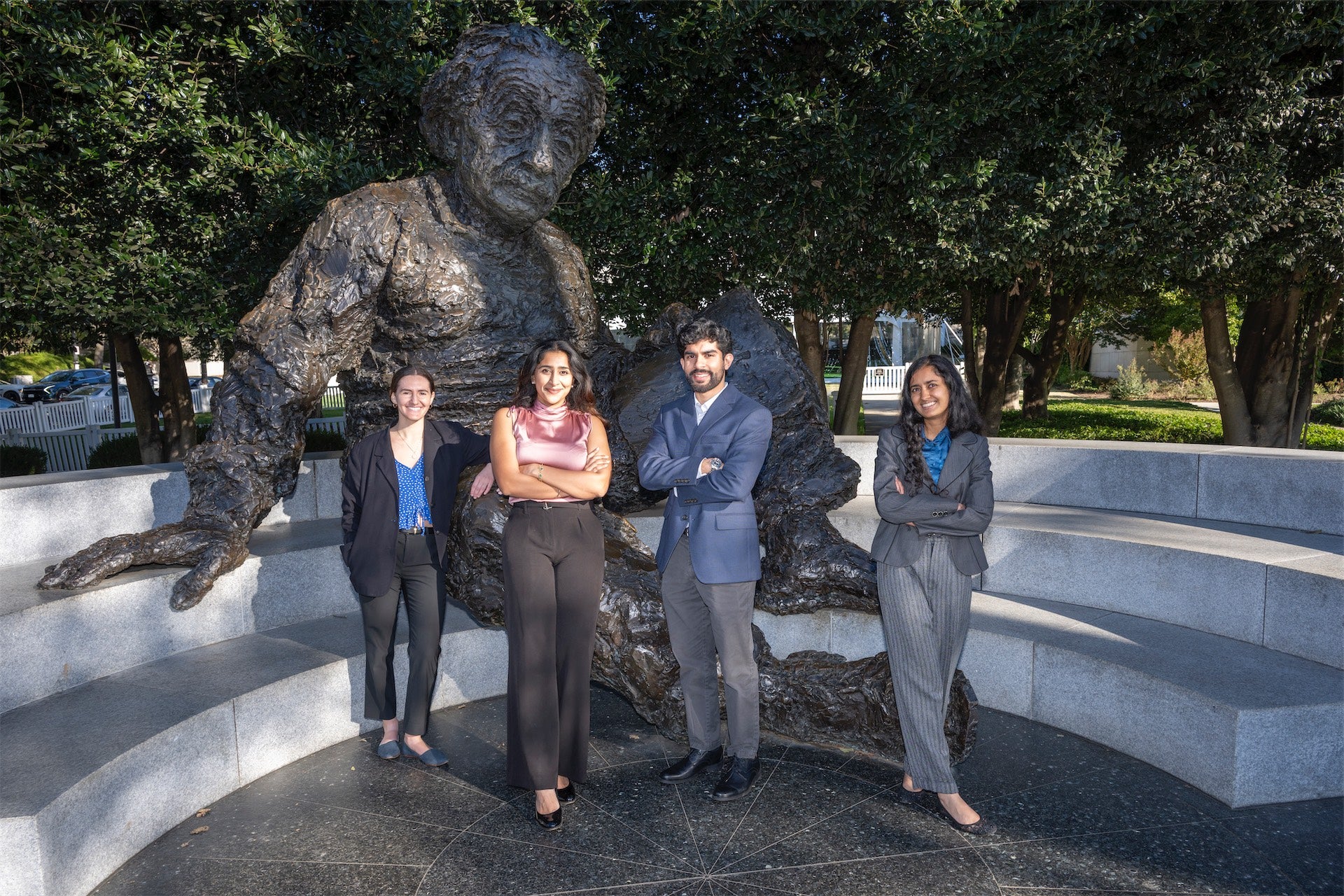 In the 12 years that NAM has conducted the competition, Georgetown teams have won seven prizes, addressing a wide range of public health issues in District of Columbia. The Georgetown Global Health Institute leads the project on campus. (From left) Talia Korobkin (M’28), Harnoor Sachar (SFS’26), Omar Anwar (C’26), and Shivali Vora (SFS’26), winners of the Interprofessional Prize.