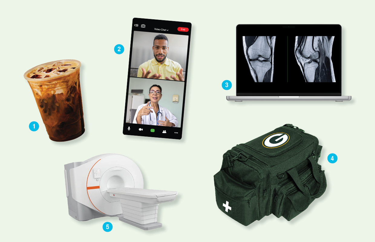 coffee, virtual doctor appointment, laptop, medical bag, mri