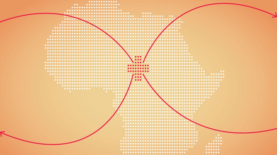 graphic of medical sign on dotted pattern of Africa with arrows pointing out