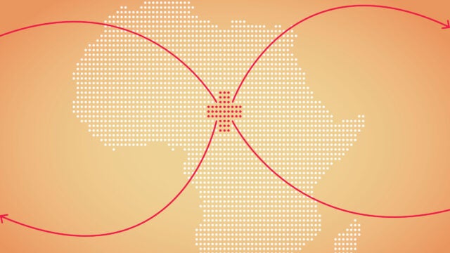 graphic of medical sign on dotted pattern of Africa with arrows pointing out