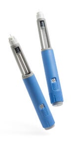 Two dosing pens of a Semaglutide drug used for weight loss (antidiabetic or anti-obesity medication) on a white background.