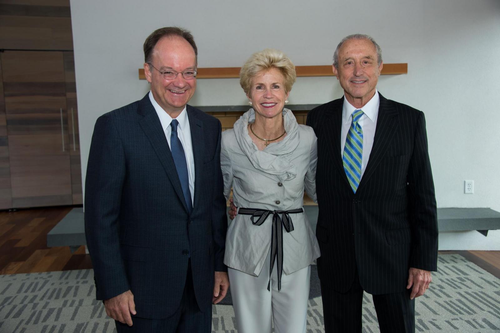 President John J. DeGioia, Nancy Calcagnini, and Arthur Calcagnini inside the newly dedicated Calcagnini Contemplative Center in October 2013.