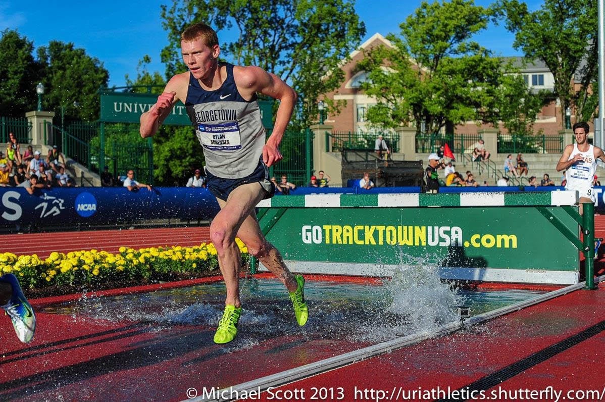 Dylan Sorensen competing in the steeplechase at Hayward Field at the 2013 NCAA Championships