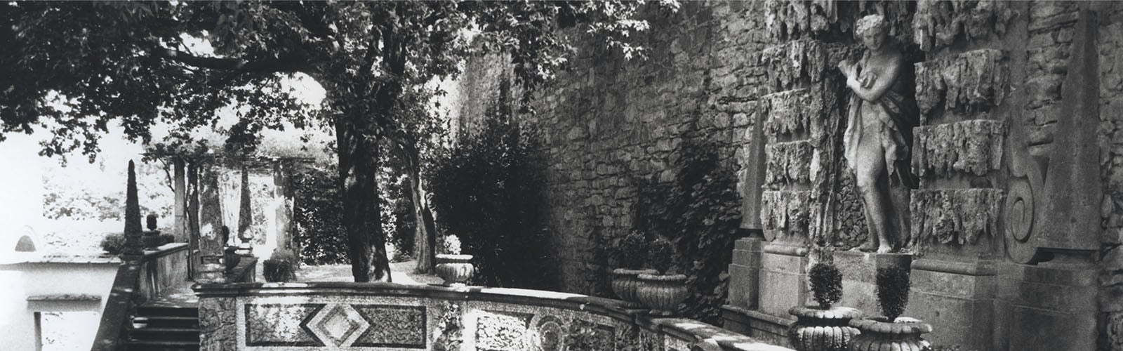 Black and white photo shows a stone staircase, trees, shrubbery, and statues set against one wall of an enclosed outdoor garden.