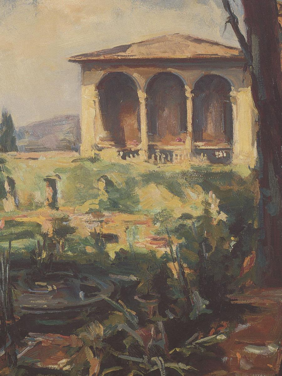 Painting, displayed on a postcard, that shows the previously depicted villa courtyard.