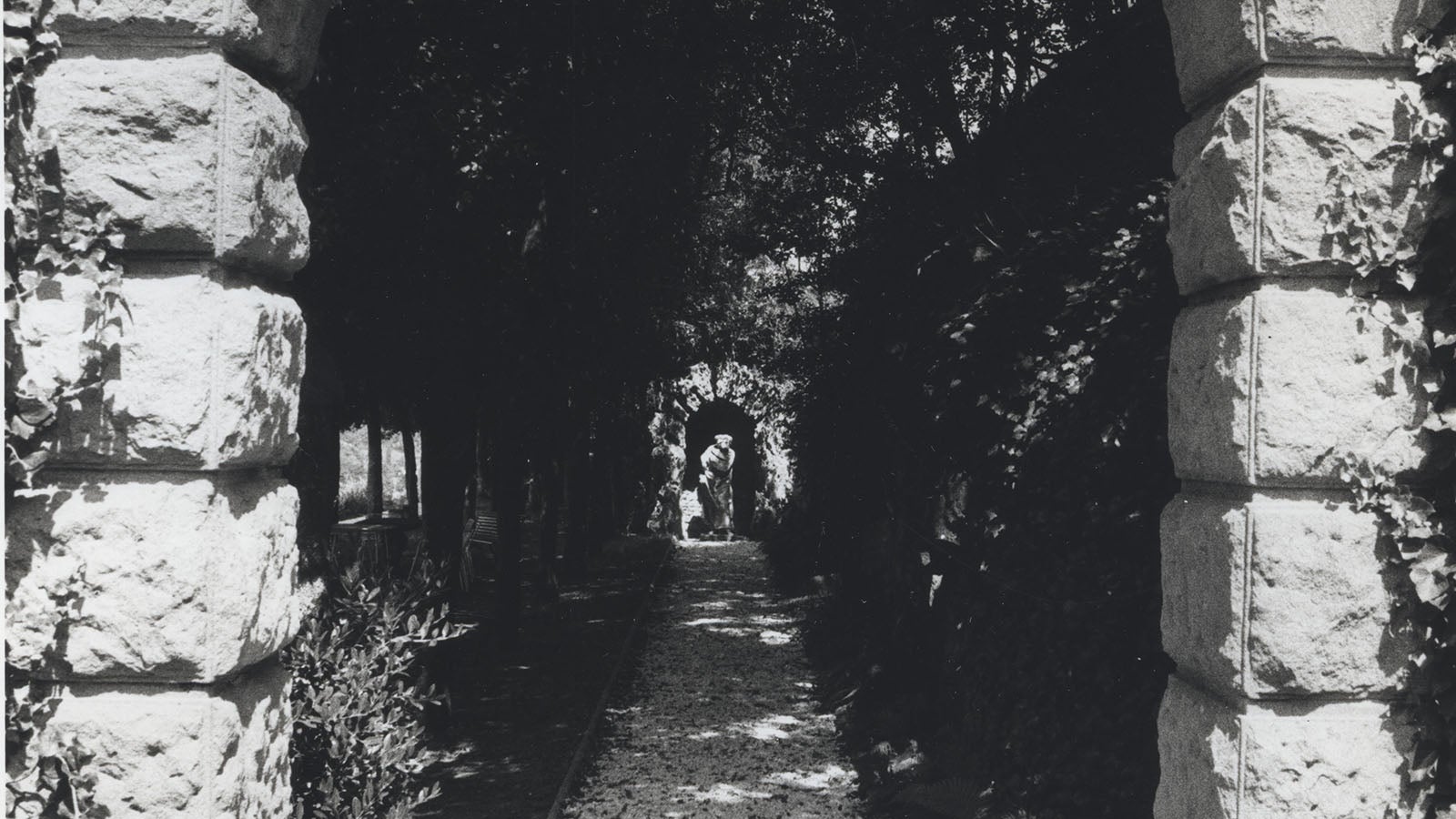 Black and white photo of a stone archway, surrounded by vines. Through the archway, we see down the previously depicted pathway to the statue of the man in robes.